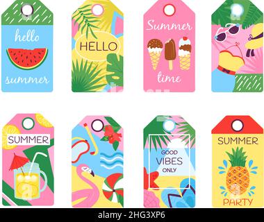 Sommer-Tags. Tropischer Anhänger, Scrapbook Geschenkkarten mit Früchten und Strandelementen. Mode Reisen Banner, Spaß Reisen Urlaub anständige Vektor-Design Stock Vektor