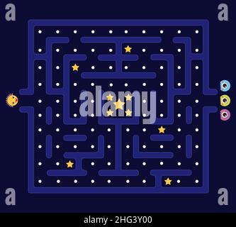 Arcade-Labyrinth. Pacman Hintergrund, Pac Mann retro Video Computer Spiel. Labyrinth Verteidiger und Monster. Kinder App spielen im 80s Stil, Videospiel-Ebene anständig Stock Vektor