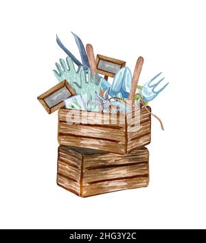 Aquarell-Set von Gartenobjekten. Holzkiste mit Instrumenten, Blumentopf. Gartengeräte. Frühlingsgarten Illustration. Stockfoto
