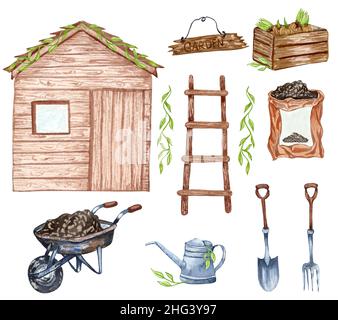 Aquarell Set von Gartenobjekten Leiter, Schuppen, Gummistiefel, Gießkanne, Blumentopf, Wagen, Schlamm . Gartengeräte. Frühlingsgarten Illustration. Stockfoto