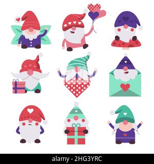 Flaches valentines Tag Gnome Set Vektor-Illustration. Stock Vektor