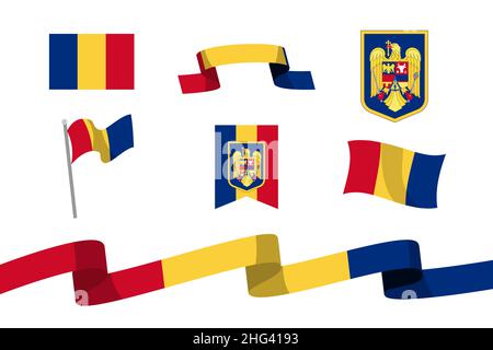 Handgezeichnete rumänische Flagge und nationale Embleme Set Vektor-Illustration. Stock Vektor