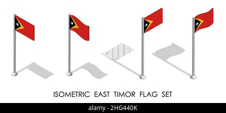 Isometrische Flagge von OSTTIMOR in statischer Position und in Bewegung auf Fahnenmast. 3D Vektor Stock Vektor