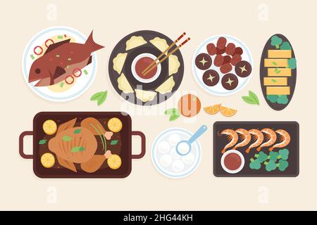 Flat chinese Neujahr Reunion Dinner Food Set Vektor-Illustration. Stock Vektor
