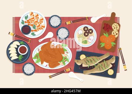 Flat chinese Neujahr Reunion Dinner Food Set Vektor-Illustration. Stock Vektor