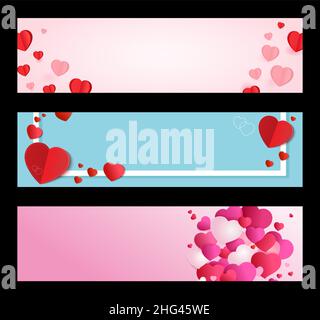 Stellen Sie horizontale Banner für den Valentinstag oder die Hochzeit ein. Rote Herzen auf Stift Stock Vektor