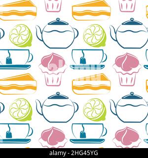 Tea Time, farblich nahtloses Muster. Handgezeichnetes Tintenpinsel-Design. Teekannen, Becher, Zitrone, Cupcake, Dessert Symbole umreißen Stilelemente. Weiß einfach Stock Vektor