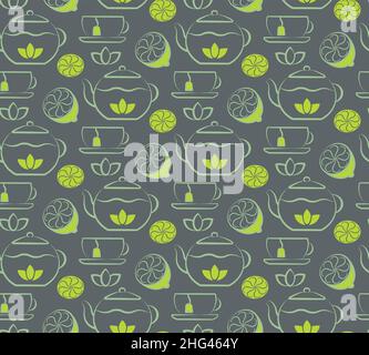 Teestunde mit nahtlosem Muster. Handgezeichnetes Tintenpinsel-Design. Symbole für Teekannen, Tassen und Zitronen umreißen Stilelemente. Hellgrün, neonfarbene Konturen. Grau leicht Stock Vektor