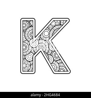 Malseite für Erwachsene. Großer englischer Buchstabe K auf Mandala-Hintergrund Stock Vektor