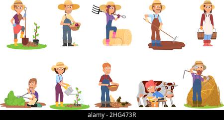 Farmer-Figuren. Landwirtschaft Bauern, Erntehelfer und Kuh. Cartoon landwirtschaftliche Arbeit, Bauernhof Geschäftsleute. Ernte anständige Vektor-Set Stock Vektor