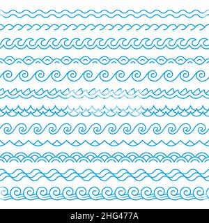 Linie blaue Wellenränder. Ozeane oder Seegreifer nahtloses Muster. Lineare Wellen, isolierte einfache Wasser dekorative Symbole. Aufgeräumte gewellte Vektorteiler Stock Vektor