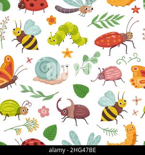 Nahtloses Insektenmuster. Cartoon-Schnecke, Käfer und Raupe. Kindlicher Druck mit Käfer und fliegendem Schmetterling. Garten Natur Tiere neoterischen Vektor Stock Vektor