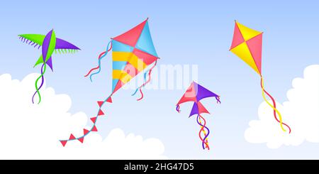 Drachen am Himmel. Cartoon Drachen fliegen in Wolken, fröhliches Festival-Banner. Sommer im Freien spielen, Kinder bunte Spielzeug fliegen im Wind. Saisonal aufgeräumter Vektor Stock Vektor