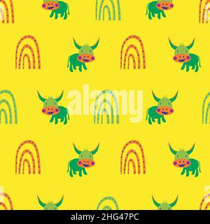 Vektor gepunkteten Regenbogen und Kawaii Kuh nahtlose Muster Hintergrund. Hintergrund mit handgezeichneten Regenbögen und Cartoon-Rindern. Geometrisches Wettersymbol und Stock Vektor