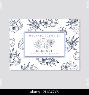 Schachtel Aus Kokosnuss-Karton. Abstrakter, vektorgewickelter Papierbehälter mit Beschriftungsdeckel. Verpackungsdesign. Moderne Typografie und handgezeichnete Nüsse und Blätter B Stock Vektor