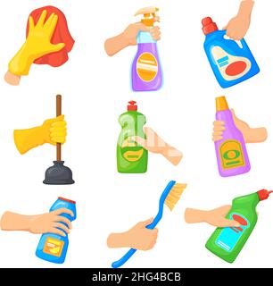 Waschmittel in den Händen. Hand halten Reinigungsprodukte, Karikatur desinfizieren Spray saubere Oberfläche Haus, wischen Staubtuch, Eimer mit Lappen Reiniger Flasche Wischbürste ordentlich Vektor-Illustration Stock Vektor