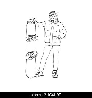 Line Art Profi Snowboarder steht mit seinem Snowboard Illustration Vektor von Hand gezeichnet isoliert auf weißem Hintergrund Stock Vektor