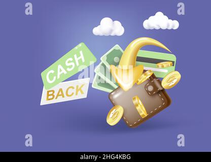 vektor-Cash-Back-Symbol mit Münzen und Brieftasche isoliert auf blauem Hintergrund. Stock Vektor