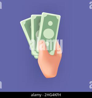 3D Hand des Geschäftsmannes hält Banknoten. Konzept des finanziellen Betriebs mit Geldscheinen und Banknoten. Stock Vektor