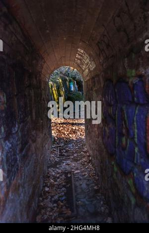 Tunnel Schmaler Steindurchgang mit Graffiti und Licht am Ende des Tunnels im Herbst Stockfoto