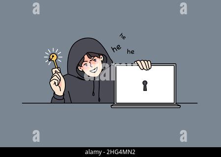 Verdächtiger Mann Hacker mit Schlüssel finden Passwort für Computersystem. Männlicher Netzangreifer oder professionelles Laptop-System. Viren und Spam, Malware und Betrug. Flache Vektorgrafik. Stock Vektor