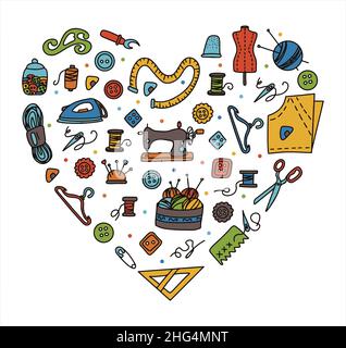 Vector Doodle Nähset mit Herz und Liebe. Symbole für Vektoranpassungswerkzeuge. Nähen Schaufensterpuppe, Maschine, Mess-und Schneidbedarf, Black Outline Stock Vektor