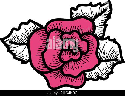 Handgezeichnete Rosenblüte im Doodle-Stil. Rosa Rose mit Blättern. Blume. Symbol. Valentinstag. Vektorbild einer Rose auf weißem Hintergrund. Stock Vektor