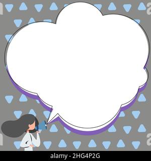 Frau, Die Durch Megaphon Spricht Und Mit Sprechblase Ankündigend Ist. Stock Vektor