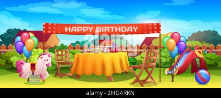 Cartoon Happy Birthday Kinderparty mit Feiertagsdekoration auf dem Hinterhof. Festlicher Tisch mit Kuchen und Kerzen. Kinderfest auf Rasen mit Rutsche, rosafarbenem Schaukelpferd und Luftballons. Stock Vektor