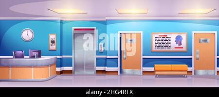 Cartoon leerer medizinischer Kliniksaal mit Rezeption und Aufzug. Krankenhaus Korridor Innenraum mit Aufzug und Sofa Vektor Cartoon-Illustration. Wartender Flur oder Lobby mit Stühlen und Türen zu Stationen. Stock Vektor