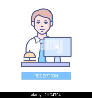 Rezeptionspersonal: Symbol im modernen, farbigen Liniendesign auf weißem Hintergrund. Ordentliches detailliertes Bild des Hauptkellners, der an einem Arbeitsplatz sitzt und wartet Stock Vektor