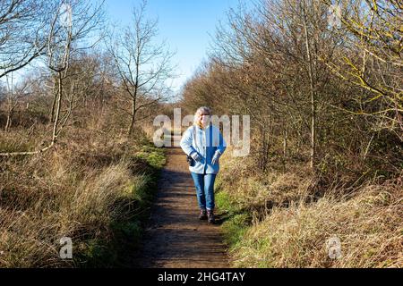 Frau beim Spaziergang im Pulborough Brooks RSPB Naturschutzgebiet in Sussex im Winter Sussex UK Stockfoto