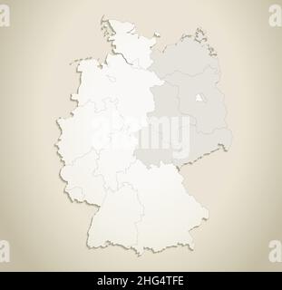 Deutschland-Karte aufgeteilt auf West- und Ostdeutschland mit Regionen und Namen Karte, alte Papier Hintergrund, leer Stockfoto