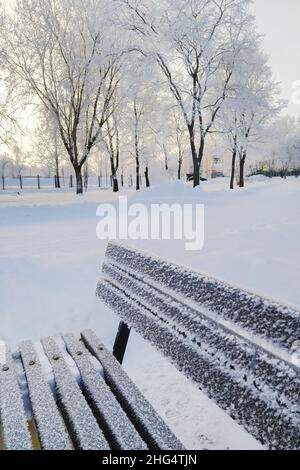 Leere gefrorene, schneebedeckte Bank im Park tagsüber, Winterfrost. Konzept der Wintersaison. Stockfoto