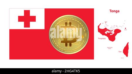 Tonga Flagge und Karte whit Bitcoin Goldmünze isoliert auf weißem Hintergrund Raster Stockfoto