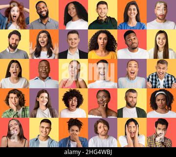 Viele Menschen porträtieren in Collage über hellen farbigen Hintergrund des Studios. Diversity-Konzept Stockfoto