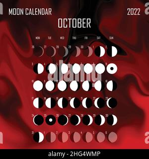 Oktober 2022 Mondkalender. Astrologisches Kalenderdesign. planer. Platz für Aufkleber. Modell des Monatszyklus-Planers. Isolierter flüssiger Farbhintergrund Stock Vektor