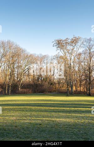 Ein Spaziergang an einem warmen Wintertag im Volkspark Friedrichshain in Berlin Stockfoto