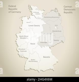 Deutschland-Karte aufgeteilt auf West-und Ostdeutschland mit Regionen, und Namen Karte, Altpapier Hintergrund Vektor Stock Vektor