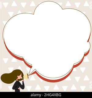 Frau, Die Durch Megaphon Spricht Und Mit Sprechblase Ankündigend Ist. Stock Vektor