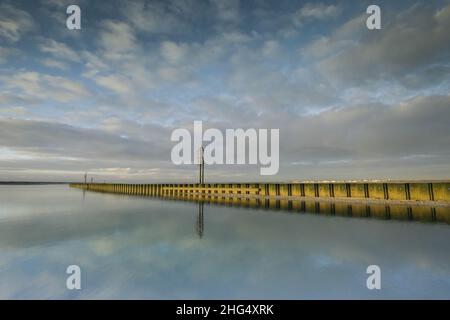 Le Cap Hornu, palplanches et espars à marée basse. Image de la Baie de Somme en picardie Stockfoto