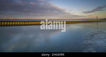 Le Cap Hornu, palplanches et espars à marée basse. Image de la Baie de Somme en picardie Stockfoto