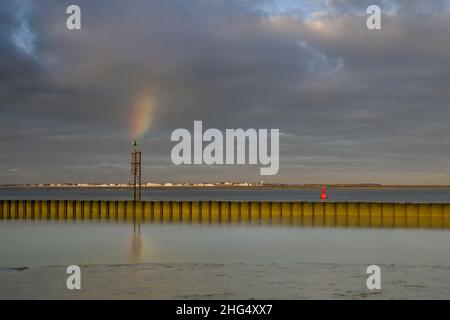 Le Cap Hornu, palplanches et espars à marée basse. Image de la Baie de Somme en picardie Stockfoto