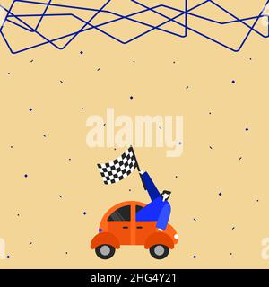 Geschäftsmann Winkt Banner Vom Fahrzeugrennen In Richtung Erfolgreicher Zukünftiger Fortschritte. Human Reaching Out Car Mit Flagge Für Neuesten Start Stock Vektor