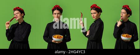 Set von Fotos von jungen schönen Frau im Bild des berühmten Malers, Künstlerin Frida Kahlo auf grünem Hintergrund. Stockfoto