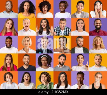 Collage von verschiedenen Menschen porträtiert Diversity-Konzept auf bunten Studio-Hintergrund. Multiethnische Gesellschaft Stockfoto