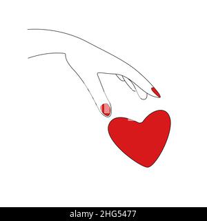 Die Hand der Frau lässt das Herz fallen. Vektordarstellung. Weibliche Handfläche wirft Herz. Stock Vektor