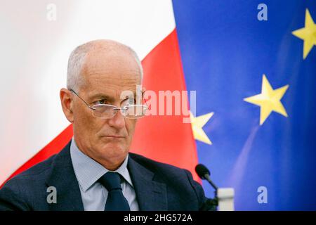 Italien, Rom, 7. September 2021: Franco Gabrielli, Staatssekretär für Sicherheit, nimmt an der Pressekonferenz zur Präsentation der „Cloud Italy Strat Stockfoto