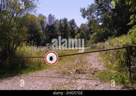 Warnschild Vorsicht vor Zecken in befallenen Bereich im Wald. Stockfoto