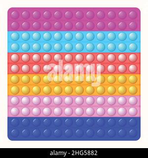 Trendy Spiel Pop it, einfache Grübchen. Regenbogen-Fidget-Spielzeug. Farbenfroher Anti-Stress-Hintergrund. Doodle-Stil. Blasen knallen quadratische Form Stock Vektor